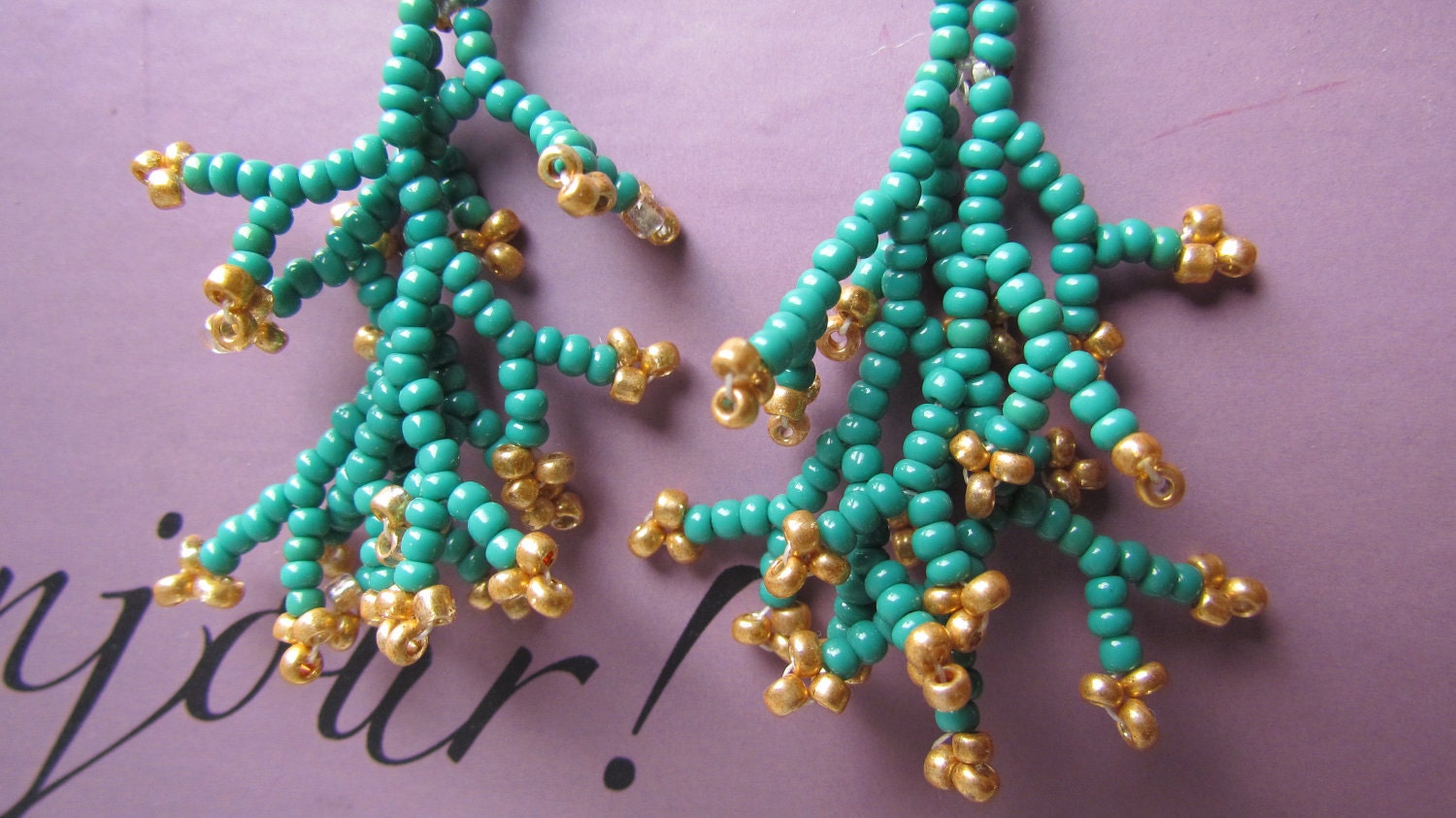 Coral Beaded  Earrings Green and Gold Small Made To Order