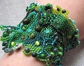 Freeform Peyote Bracelet Green Beaded Cuff OOAK
