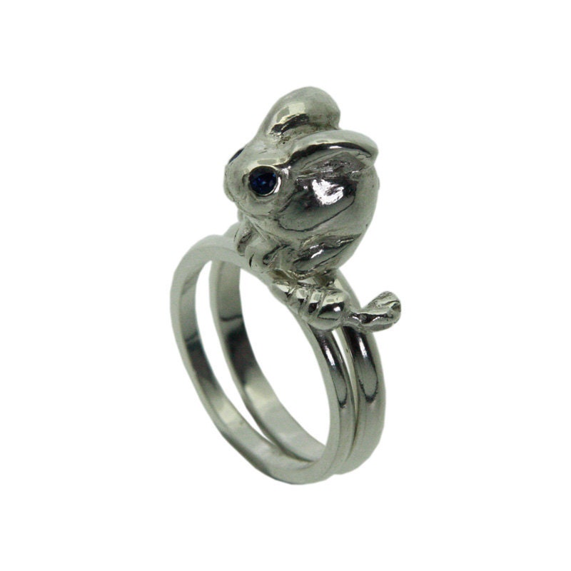 Bunny and Carrot rings - silver and with blue sapphire eyes.