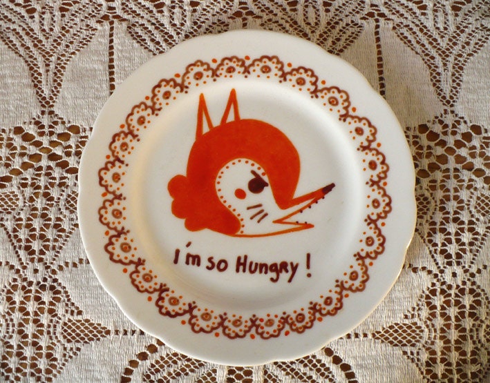 Hand painted illustration fox on plate I'm so Hungry