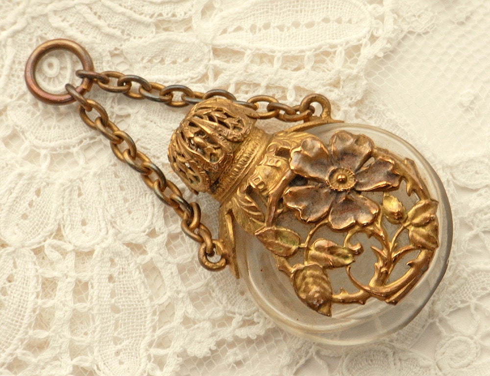 Antique  Chatelaine Perfume Bottle - Brass - Victorian Collectible