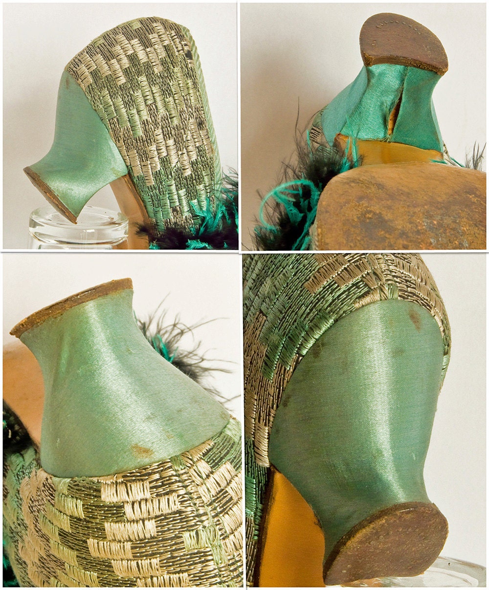 Art Deco Shoes - Ostrich Feather Trim High Vamp 1920s Size 4 English