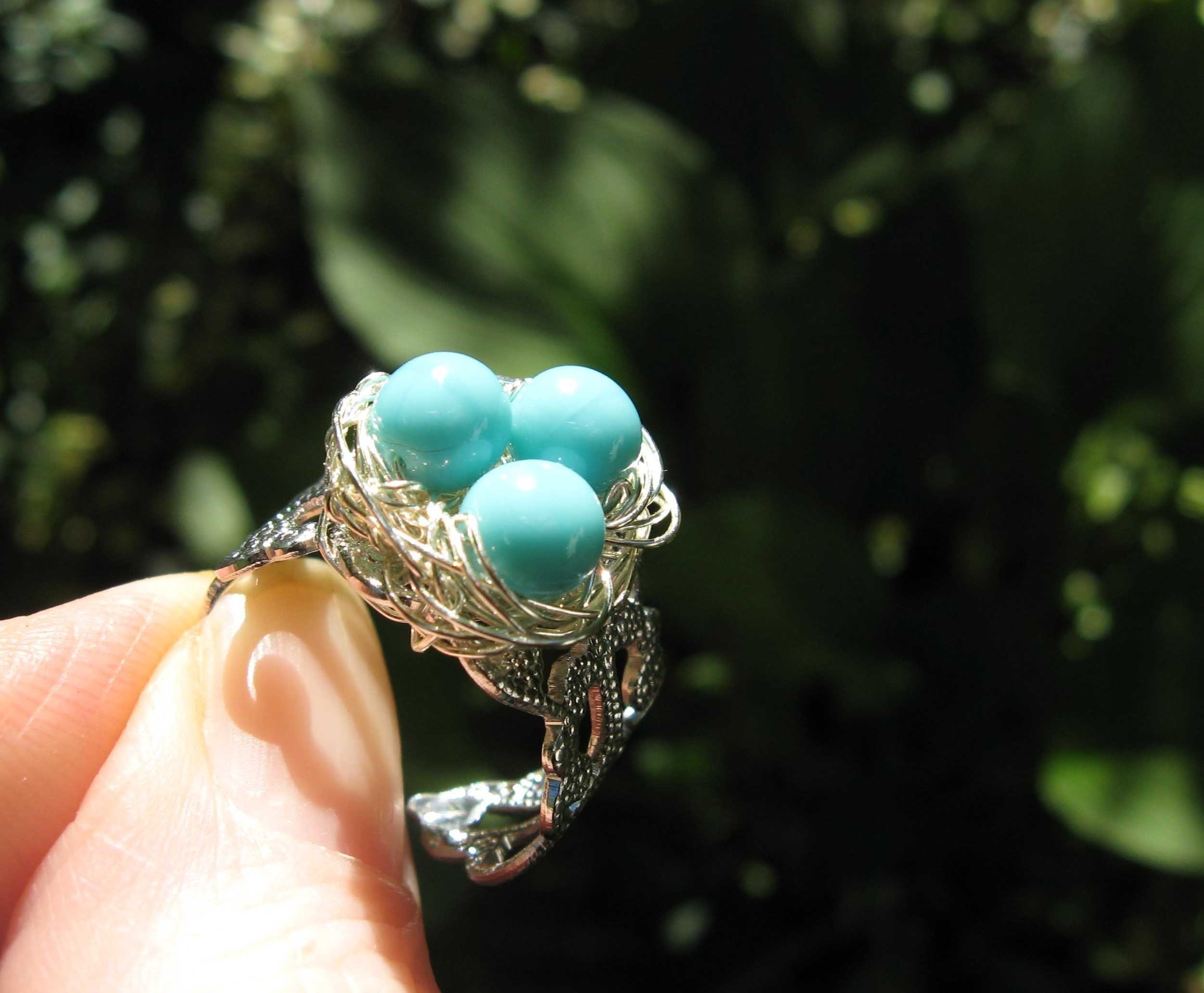 Enchanted Woodland Robin nest ring on silver filigree band adjustable
