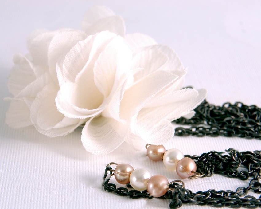 Fabric Necklace,  Statement Jewelry, Cream Flower Pearl Chocolate Jewelry Gifts  Under 25