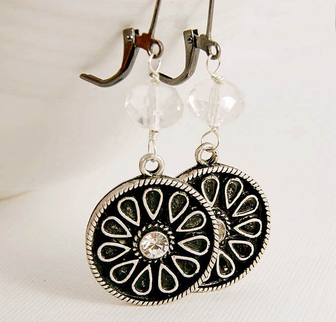 Earrings Dangle Art Deco Rhinestone Gunmetal Vintage Button Jewelry Gifts for Her  - LAST PAIR