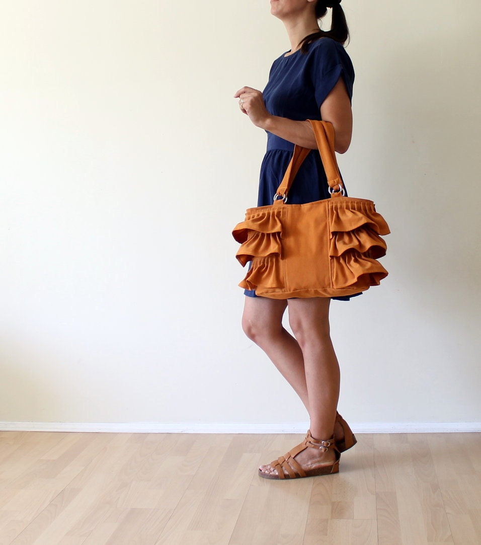 Flamenco in Dark Mustard Tote Bag / Canvas Ruffles Bag / High Fashion / Shoulder Bag / Zipper Closure / Burnt Orange / Rust / Large