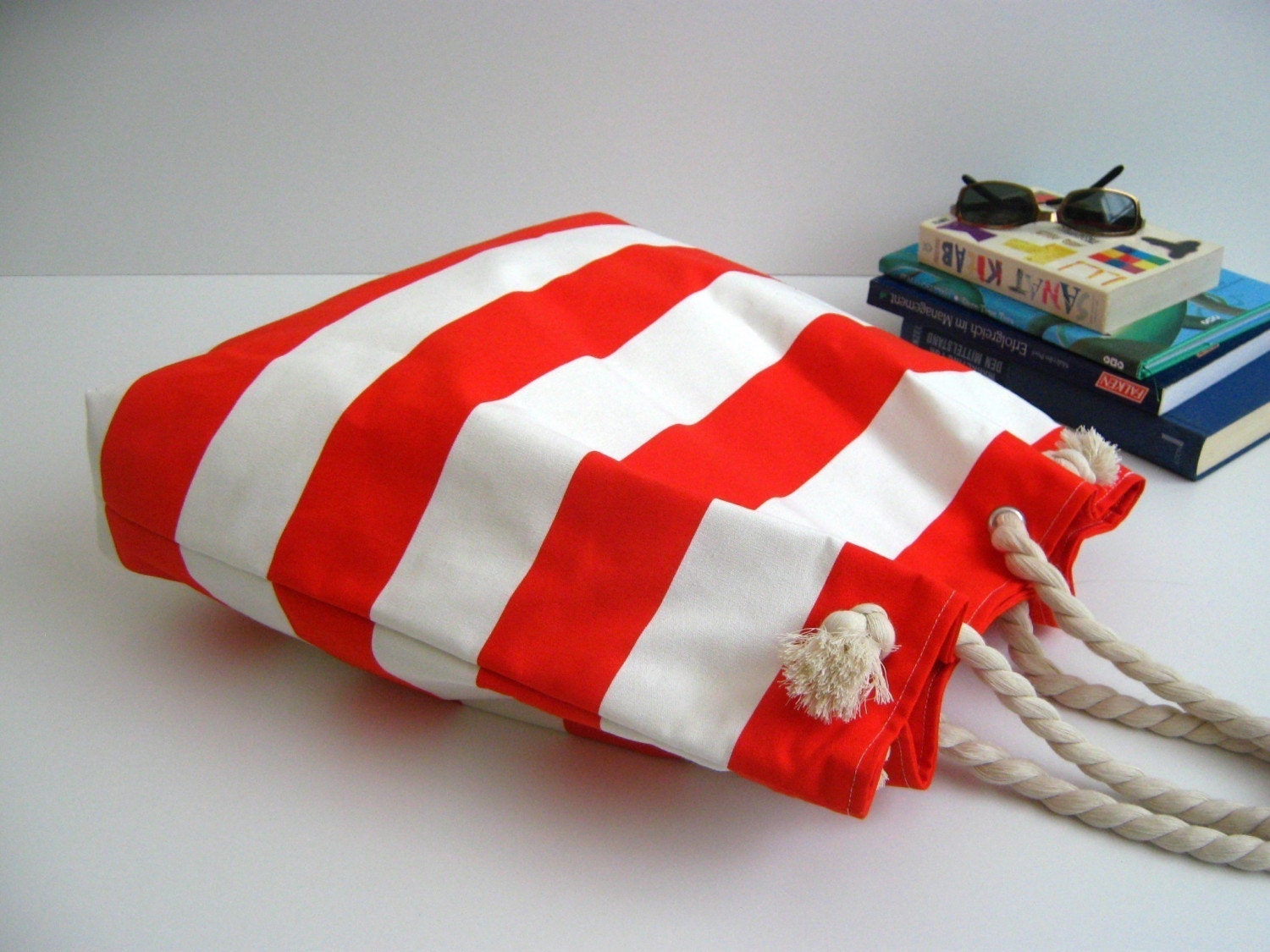 Sailor Tote Bag --for market or beach or gym-- -red and white striped, X-Large and cotton rope straps-