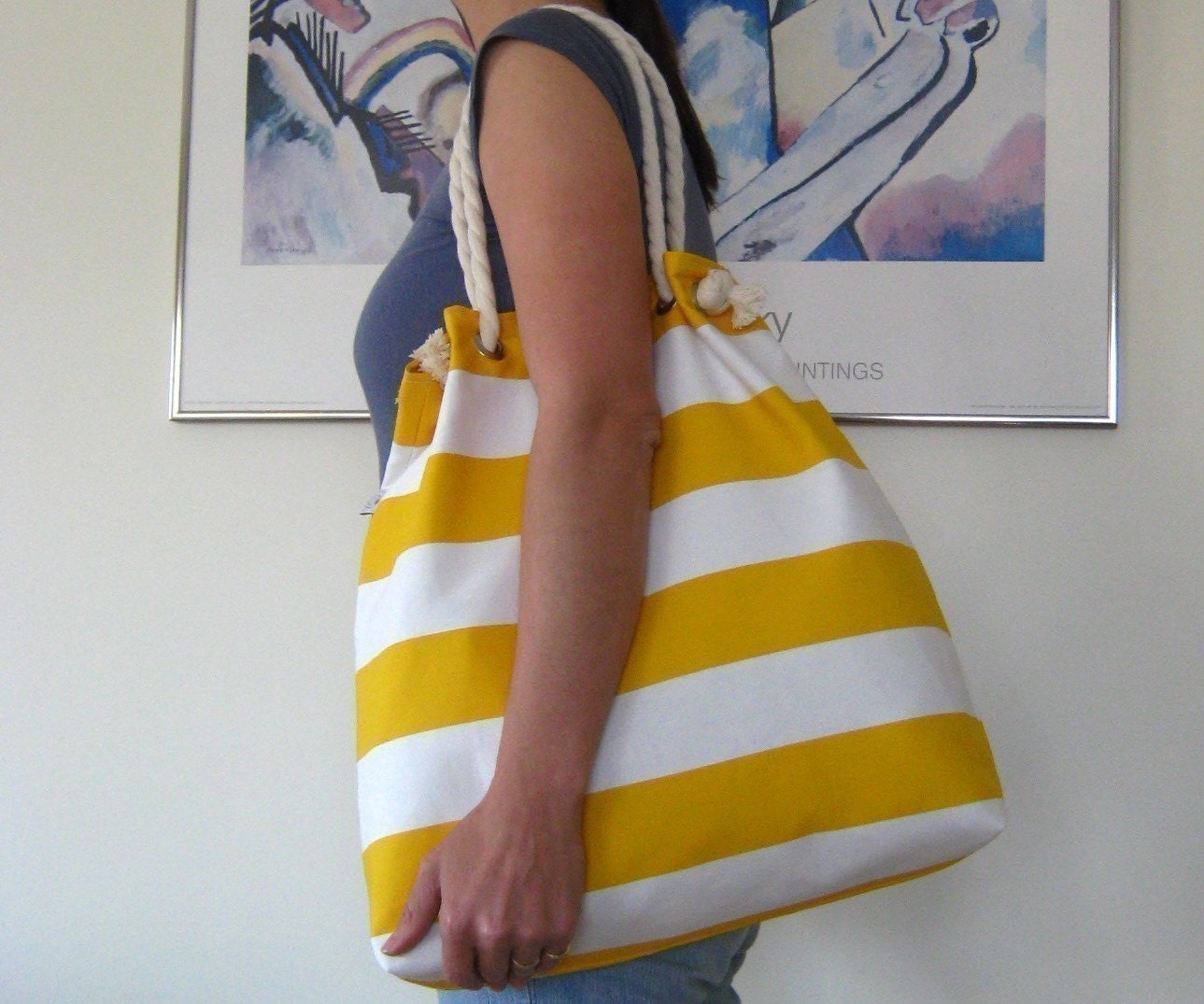 Sailor Tote Bag --for market or beach or gym-- -yellow and white bold striped, X-Large and cotton rope straps-
