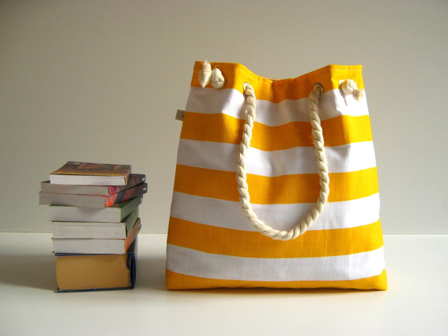 Sailor Tote Bag --for market or beach or gym-- - dark blue and white bold striped, X-Large and cotton rope straps-