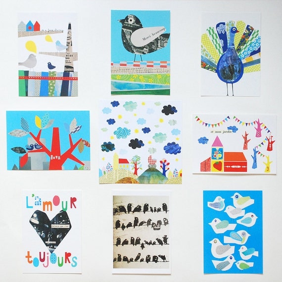 Set of 9 colorful postcards