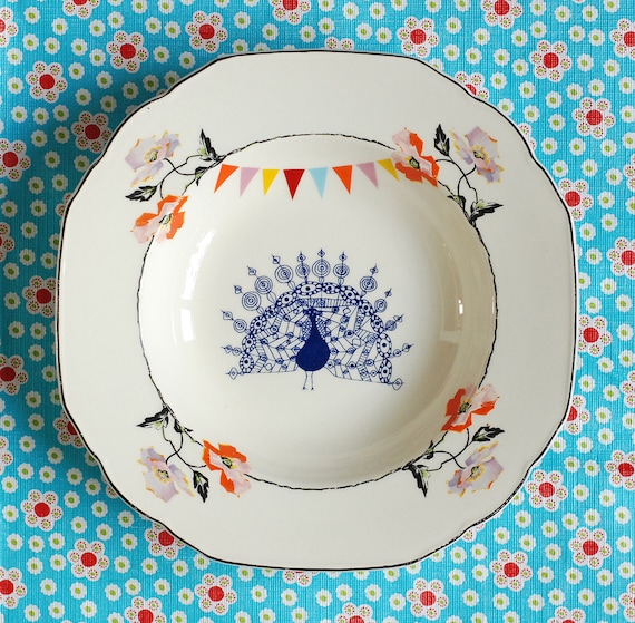 SALE The peacock, flowers and bunting plate