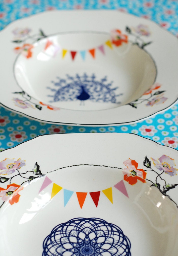 SALE The peacock, flowers and bunting plate