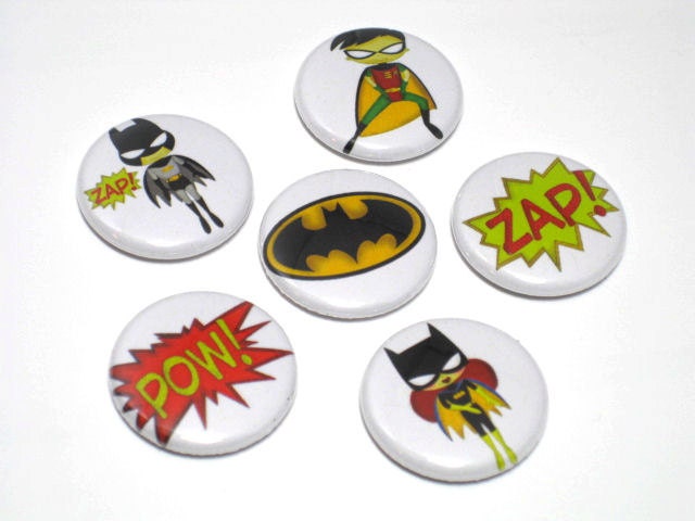 BATMAN Inspired Pinback buttons - set of 6 assorted Superhero pin back buttons, badges, cabochons - fabulous stocking stuffers