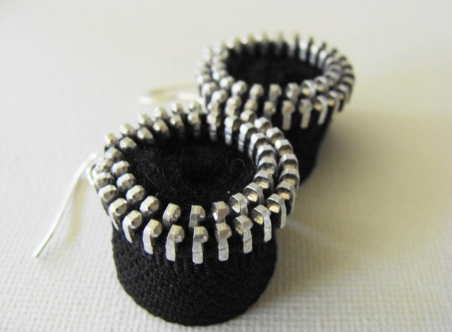 Zipper Earrings Felted Black Licorice