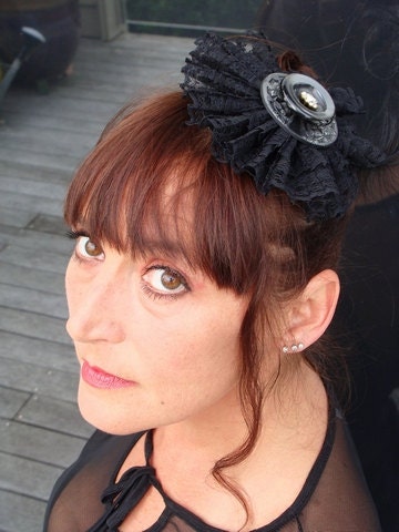Fascinator, Hair Piece, Black, Hair Comb,Feather,  Vintage Buttons, Lace, Statement, Cocktail Hat