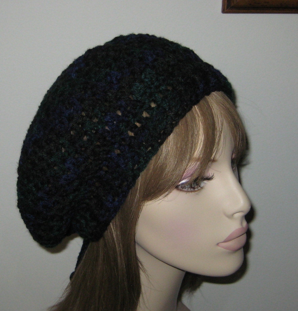Black, Navy and Forrest Green Women's Hat Slouch Beret Crocheted Tam Warm Winter Hat for Dreads