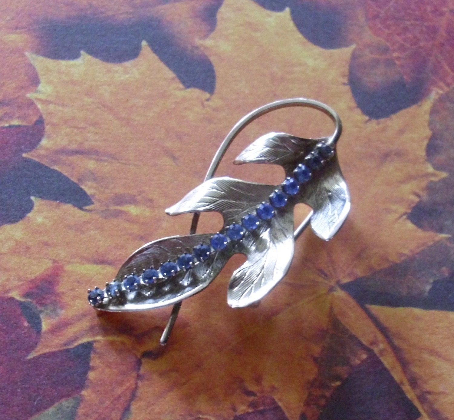 Vintage Blue Rhinestone Oak Leaf Brooch