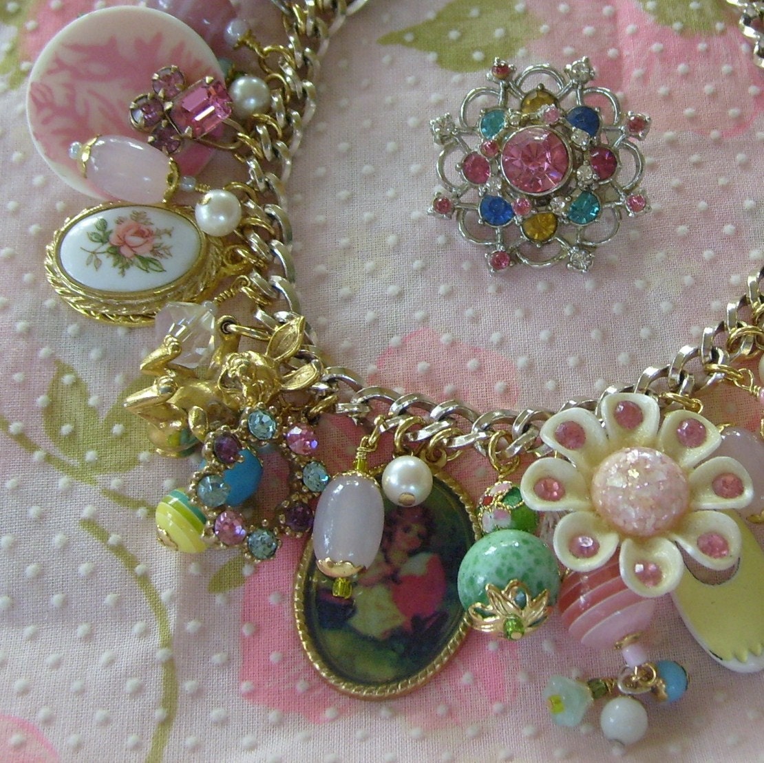 Colorful Easter Eclectic ArT Vintage Charm Bracelet and Rhinestone Brooch