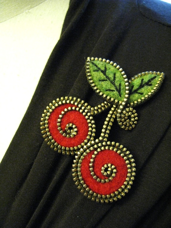 Felt and zipper cherry brooch