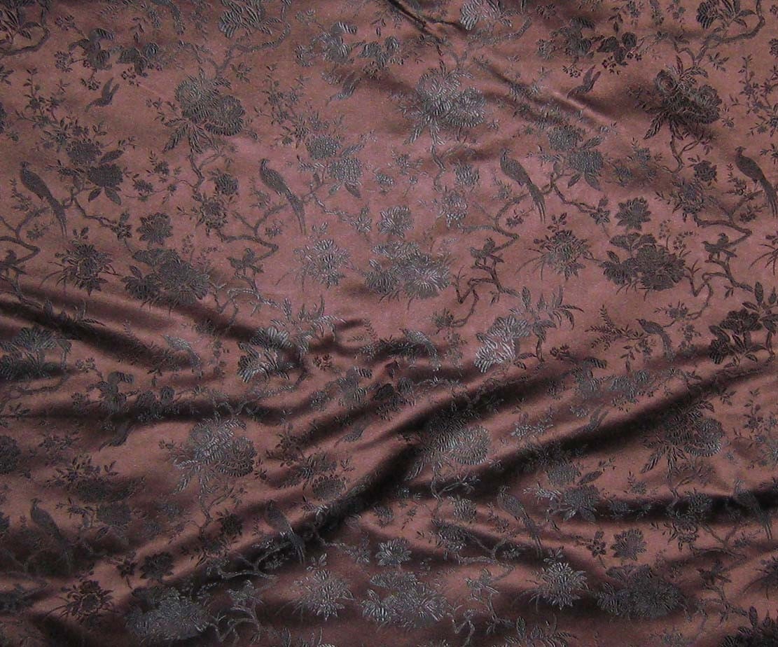Chocolate Brown BIRDS Silk Brocade Fabric - 1/3 Yard