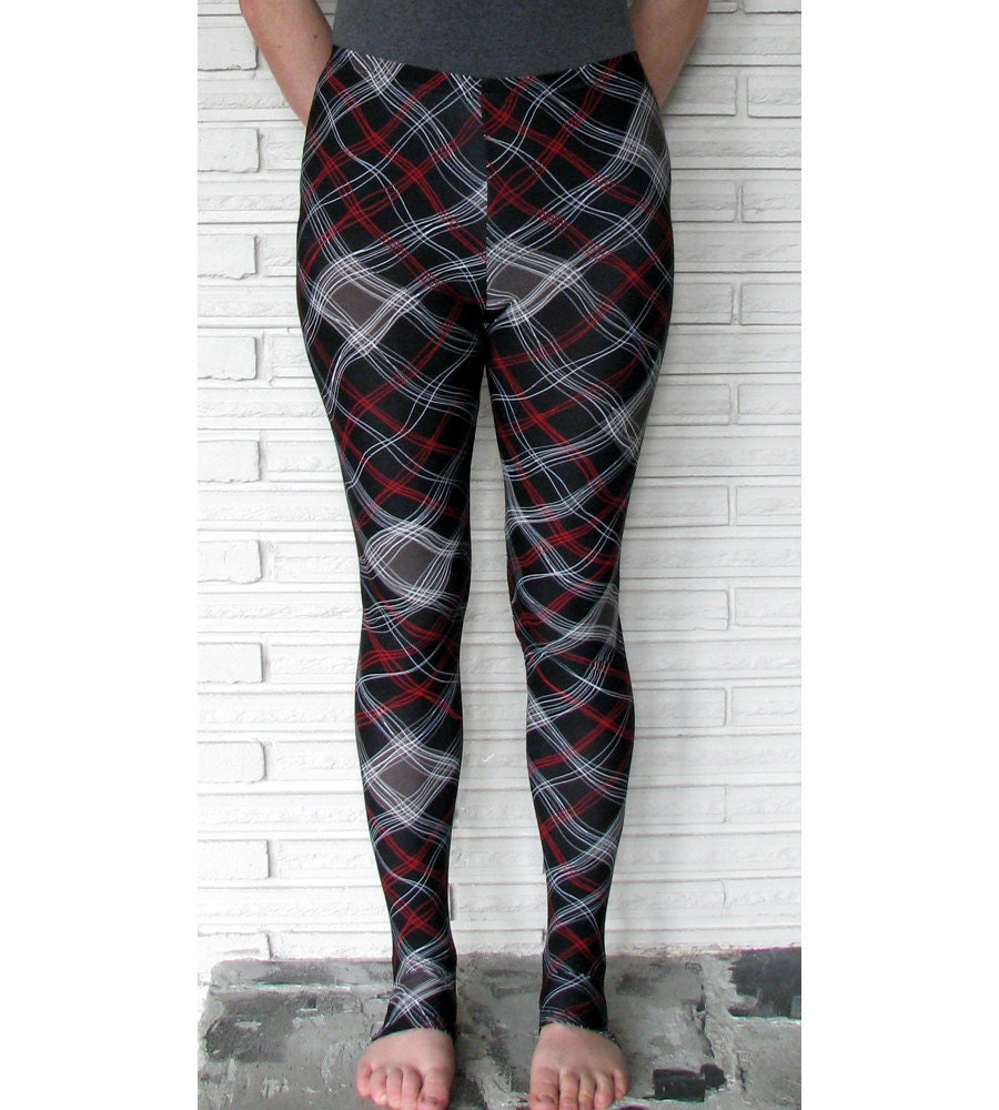 Womens Leggings, Stirrup Black and Red Plaid, Size Small