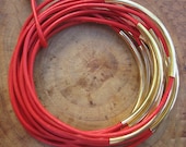 Poppy Red Leather Cord Bangles With Gold Plated Tubes
