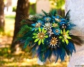 Bridal brooch original bouquet PEACOCK PRIDE II - wedding keepsake made with vintage brooches, earrings and feathers - green blue gold