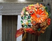 vintage brooch bridal bouquet COLOUR BLAST -  french beaded leaves - orange rust green