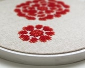 Completed Intricate Red Flowers Cross Stitched in Embroidery Hoop