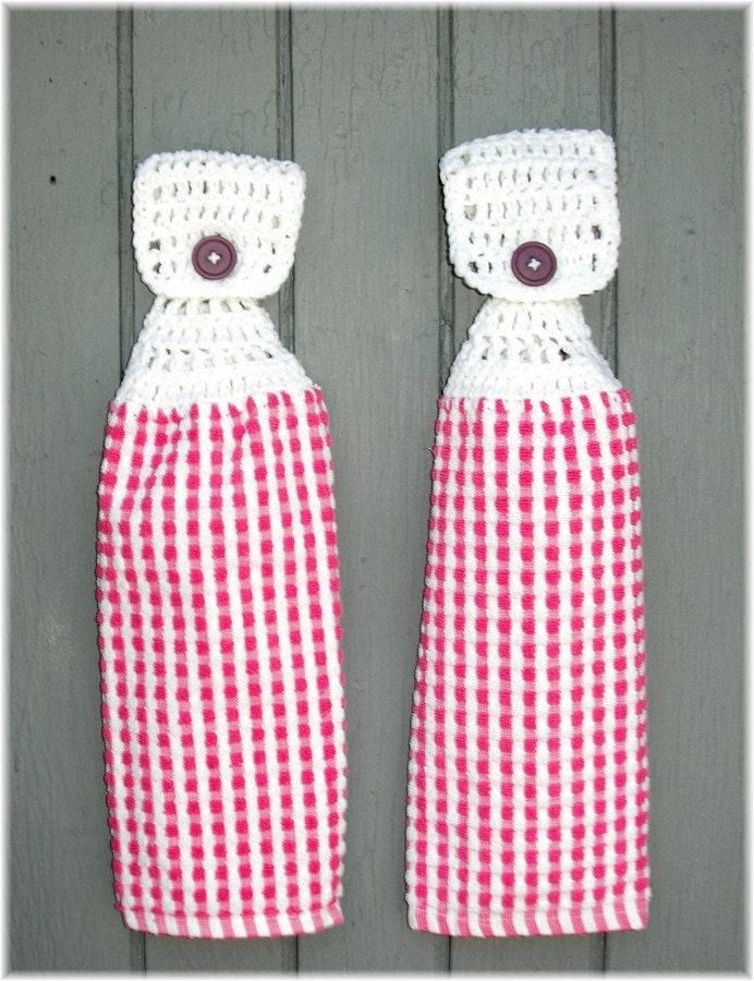 Hanging Kitchen Towels Pink and White Checkered with White Top Matching Pair item no 9