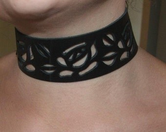 Black Leather Rose Choker Collar Necklace - Filigree