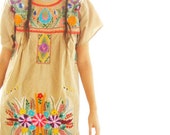 Mexican Embroidered Dress short Beige Floral or Peacock Khaki Colorful