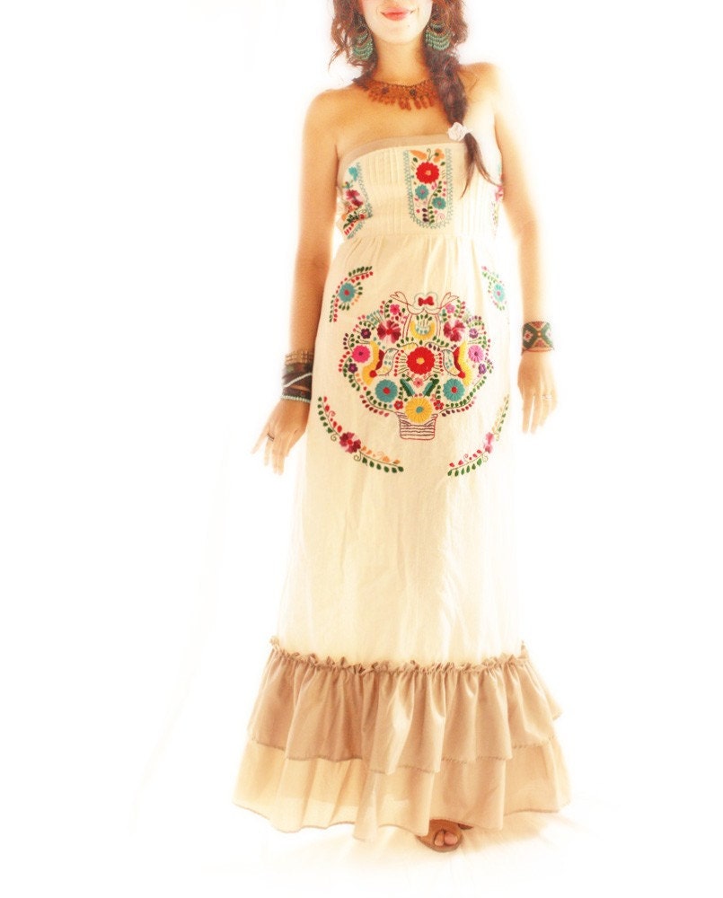 Maria Folk Nature Lover embroidered Maxi ruffled party dress birds and flowers