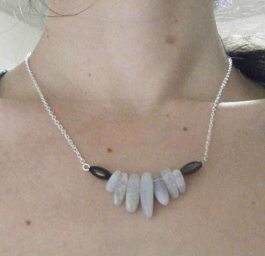 Black Jet Glass And Blue Lace Agate Necklace Hippie Boho Fashion