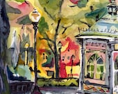 Landscape Painting - Genuine and Entertaining - Original Watercolor and Ink Painting of Philly
