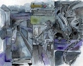 Watercolor and Ink Painting of Ripley and Alien - Sci Fi Horror Illustration