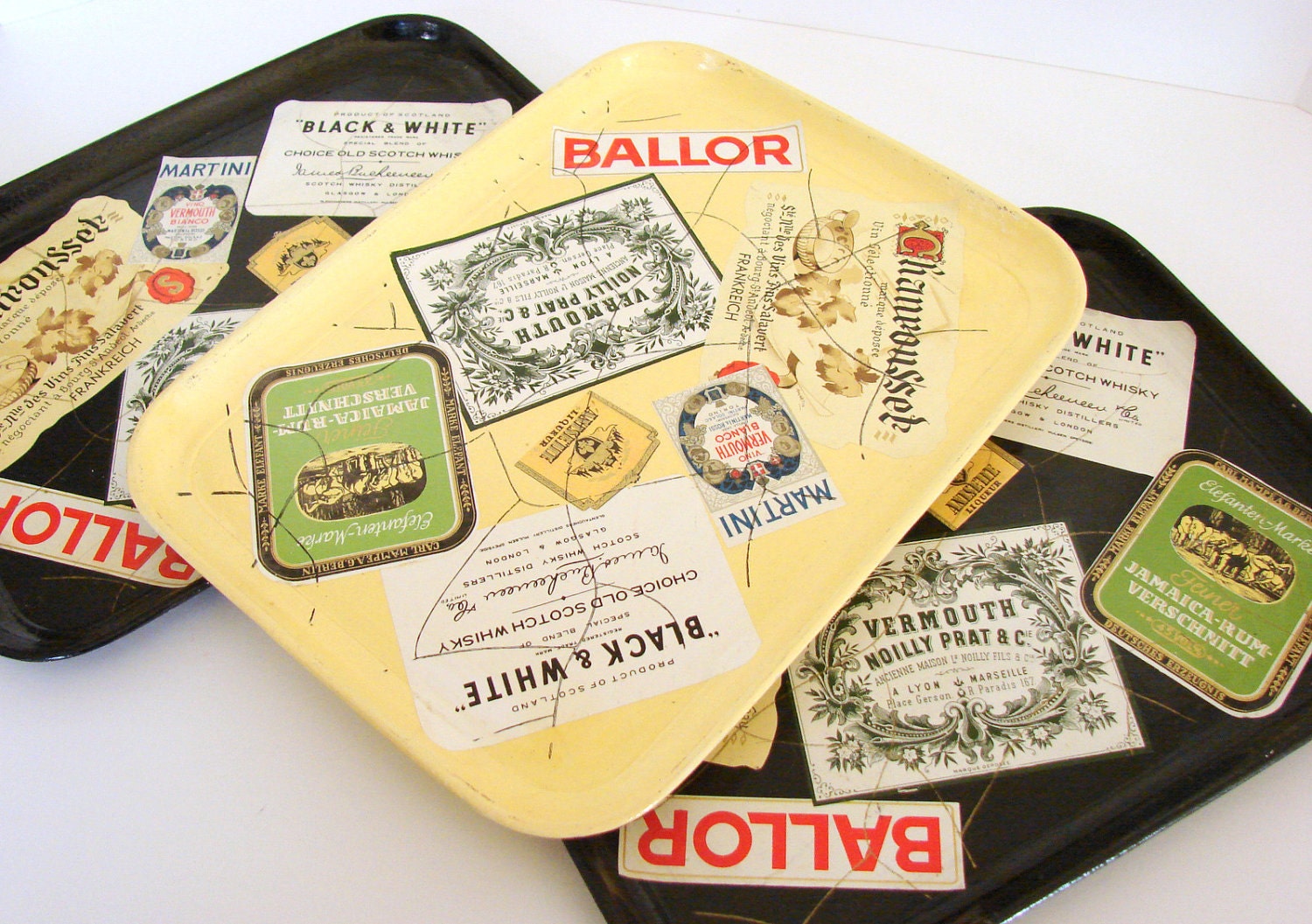 Vintage Black and Ivory Liquor Label Barware Trays