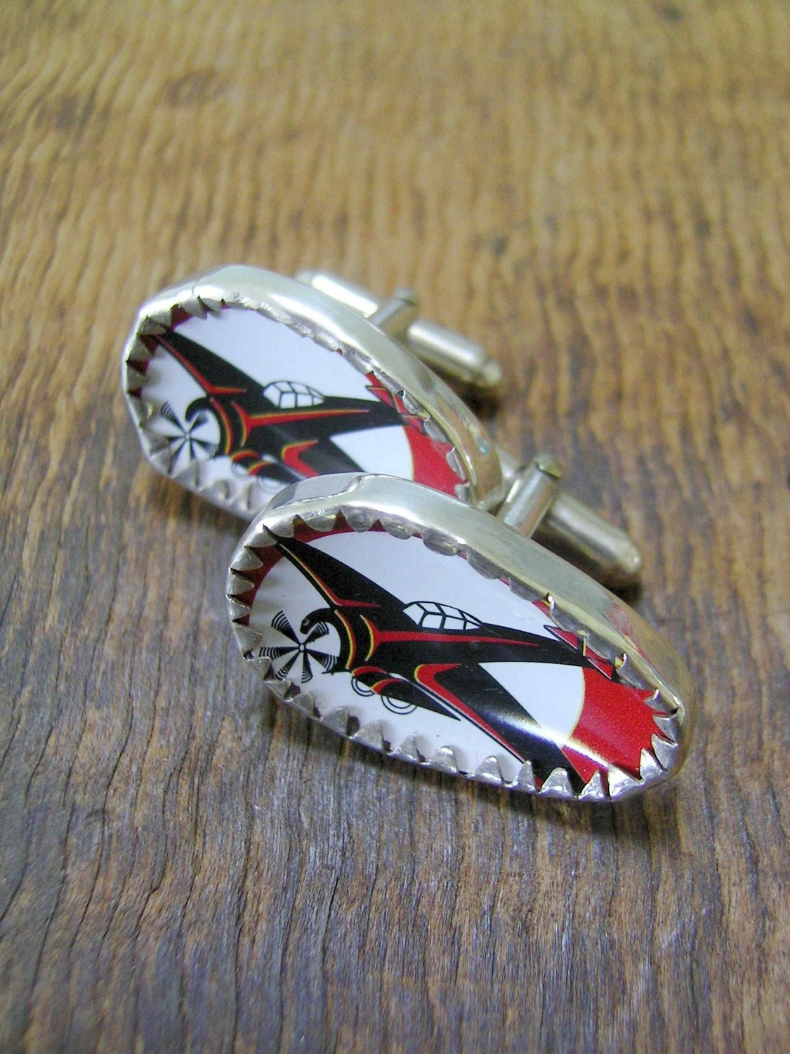 Cufflinks, silver, recycled tin. Red aeroplanes.