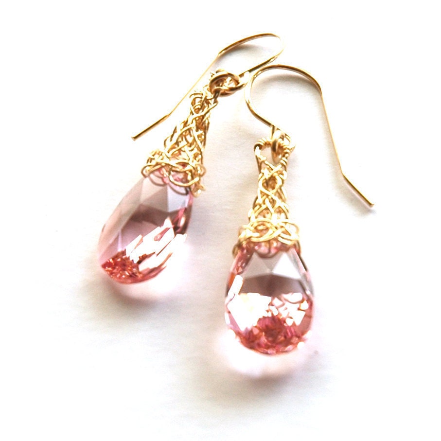 Pink Crystal Earrings, Gold Filled baby pink galss Swarovski Earrings Pastel  fashion jewelry