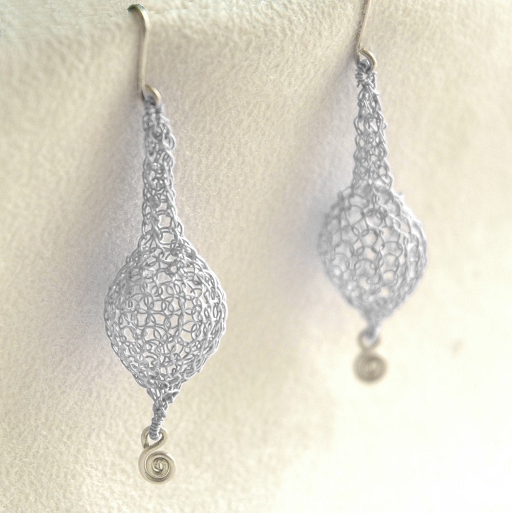 Silver crochet earrings in a drop shape,  2 inch long