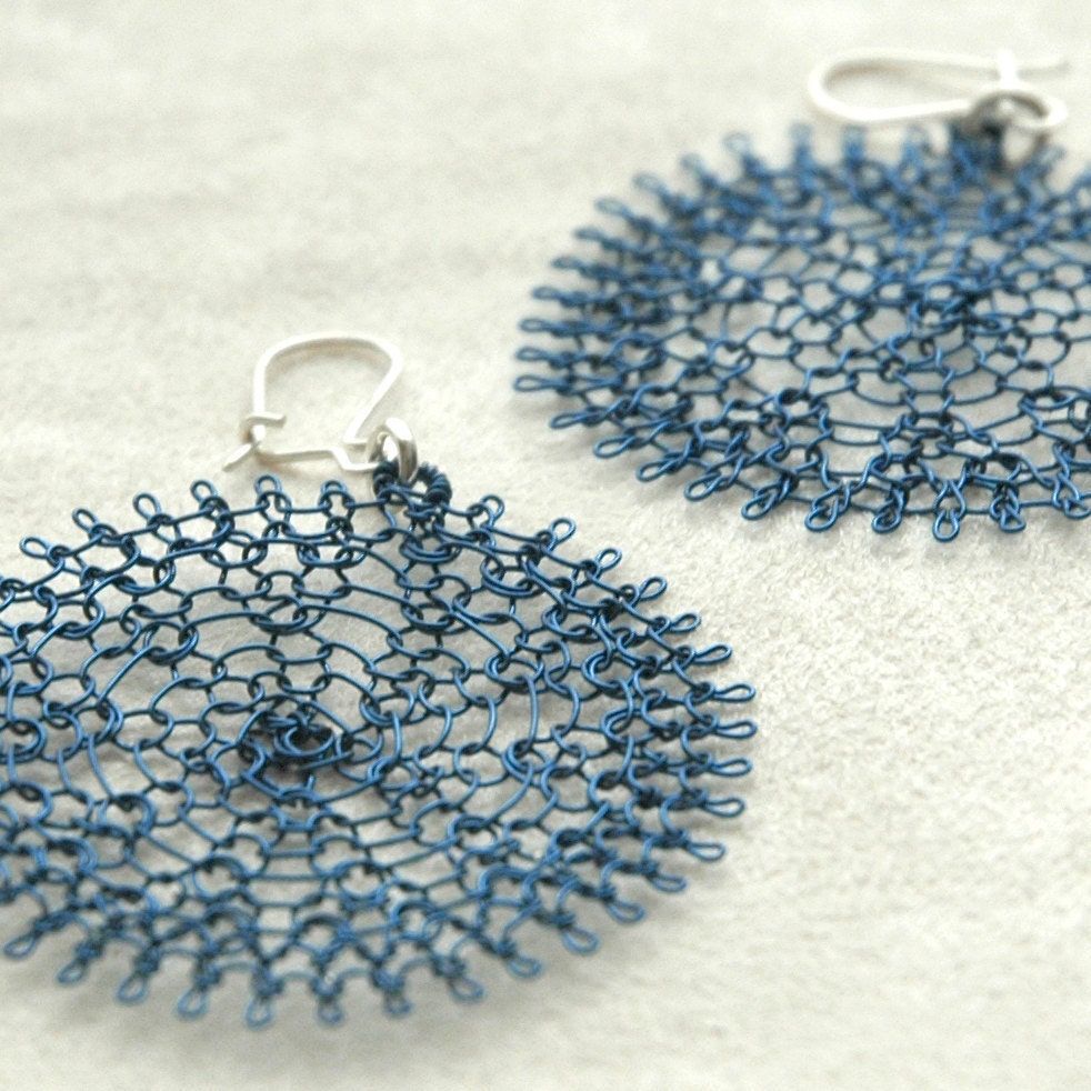 Blue Flower earrings , wire crochet handmade earrings