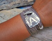 Capital Monogram Initial Jewelry, Silk Ribbon Bracelet, Yoga Fashion Wrist Wrap with Fine Silver Toggle, Custom Vintage Style Letter Jewelry
