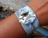 Silk Ribbon Bracelet, Nautical Silver Toggle Clasp, Dolphins Jewelry, Adjustable Yoga Wrist Wrap, An Eco Friendly Gift in Sky Blue