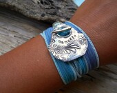 Namaste, Yoga Jewelry, Yoga Silk Ribbon Wrap Bracelet with Silver Artisan Toggle, Meditation Ypga Wrap, An Eco Friendly Gift, Turquoise Blue