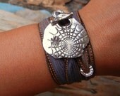 Gothic Jewelry, Tattoo Silver Bracelet, Spider Web Jewelry, Winter Fashion, Silk Ribbon Wrap Bracelet, Fine Silver Toggle Goth Jewelry