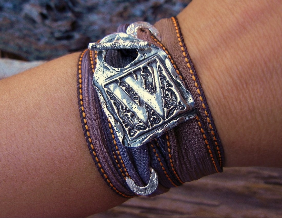 Custom Jewelry, Custom Silver Bracelet, Fine Silver Monogram Jewelry, Winter Fashion Jewelry, Any Color Silk Ribbon, Any Letter