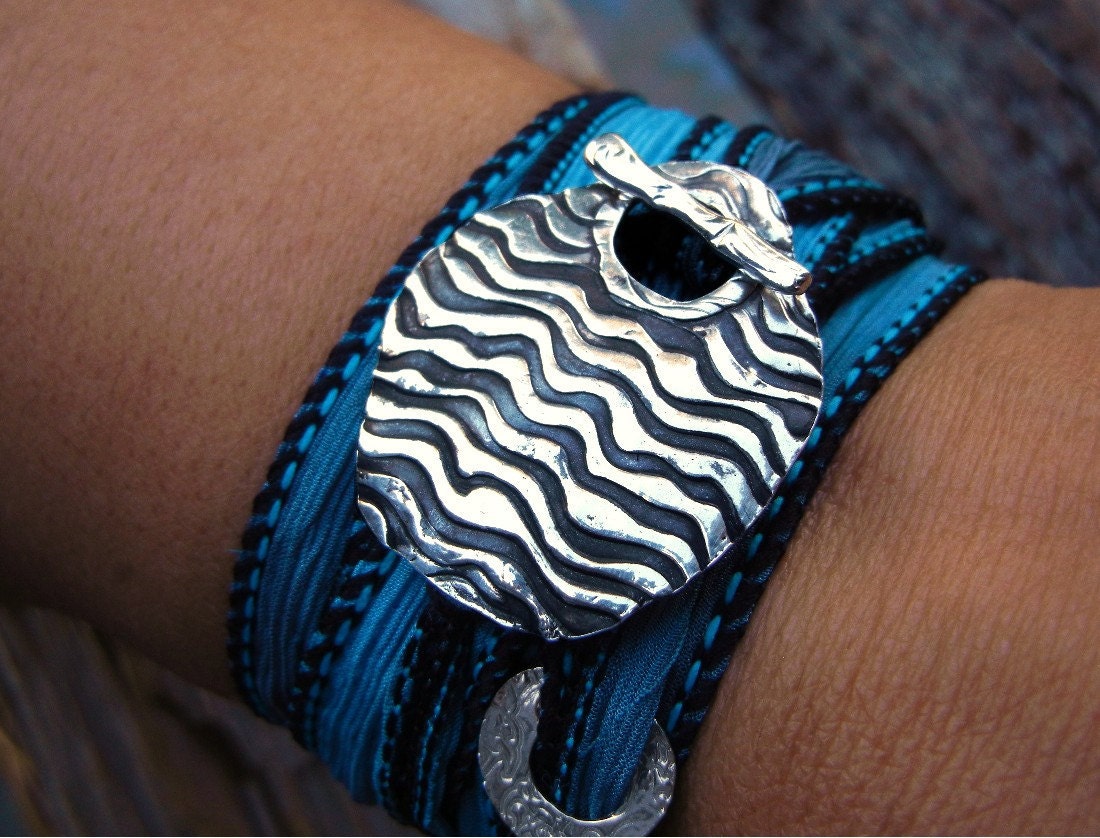 Ocean Jewelry, Ocean Bracelet, Sterling Silver Jewelry, Sea Waves Jewelry, Surf Bracelet, Silk Wrap Bracelet, Nautical Water Blue