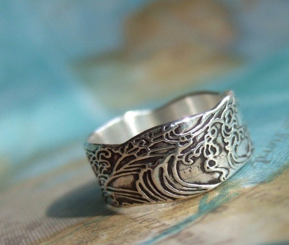 Eco Friendly Jewelry Gift for Her, Recycled Silver Ring, Ocean Waves, Custom Sizes 4 5 6 7 8 9 10 11 12 13 14 15, Personalized Option