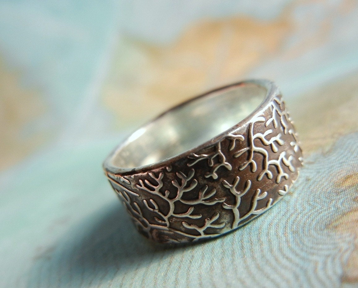 Nautical Silver Ring, Coral Reef Design, An Eco Friendly Jewelry Gift, Custom Size Band 4 5 6 7 8 9 10 11 12 13 14 15 Half Sizes, too