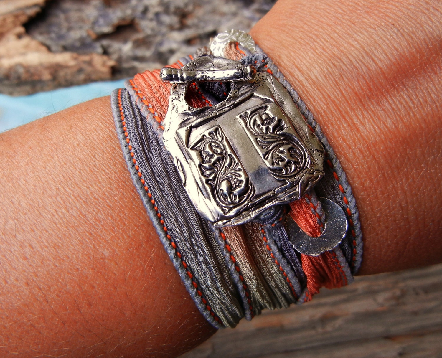 Wax Seal Jewelry, Silver Wax Seal Monogram Bracelet, Hand Stamped Initials, Custom Bracelet, Alphabet Jewelry, Silk Wrap Bracelet, Sunset